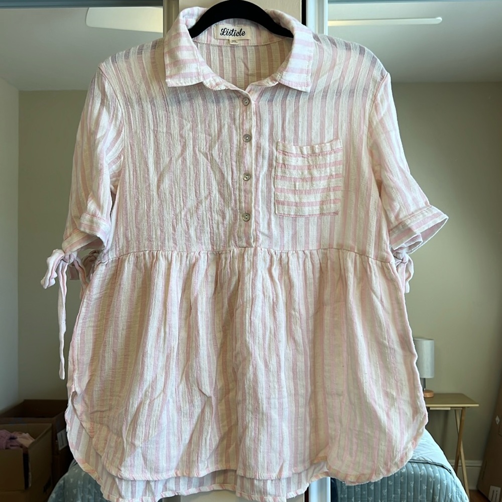 linen pink and cream blouse